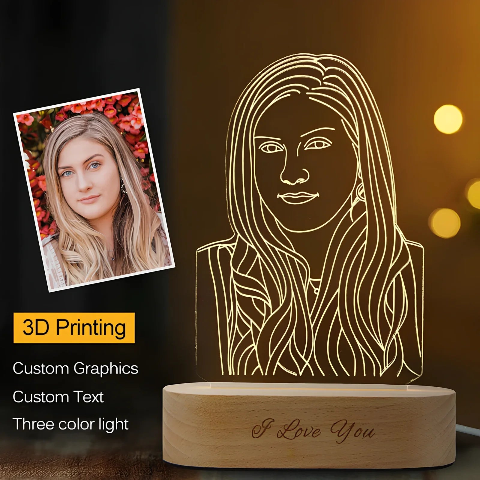 Custom 3D stereo night light displaying personalised portrait with LED illumination through acrylic casing
