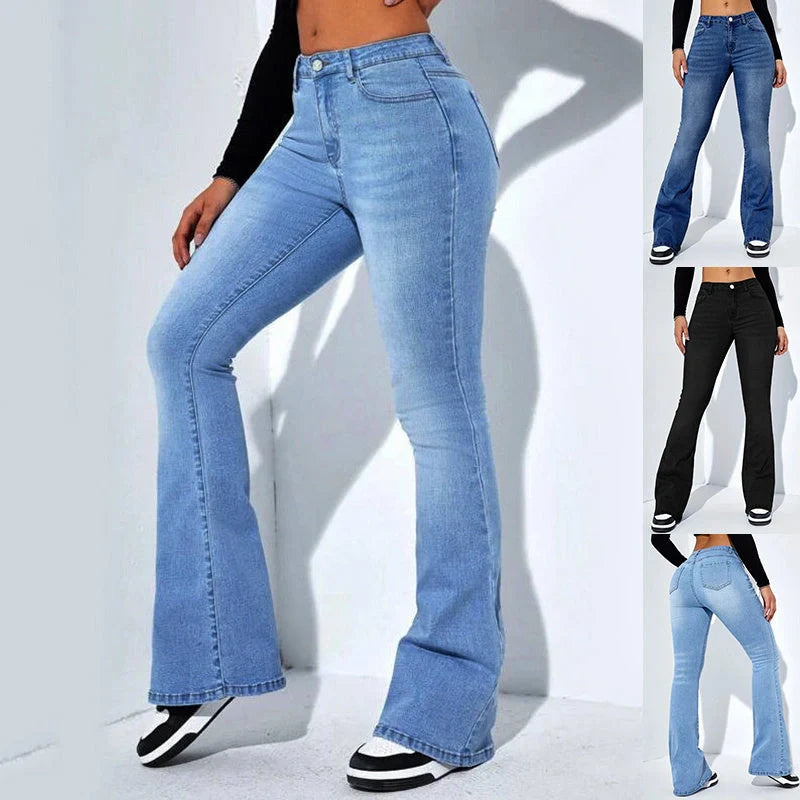 Women's slim-fit flared high-waist jeans in cotton stretch fabric