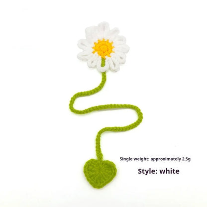 Hand-crocheted wool bookmark with flexible wire core and Little Daisy design in milk cotton yarn