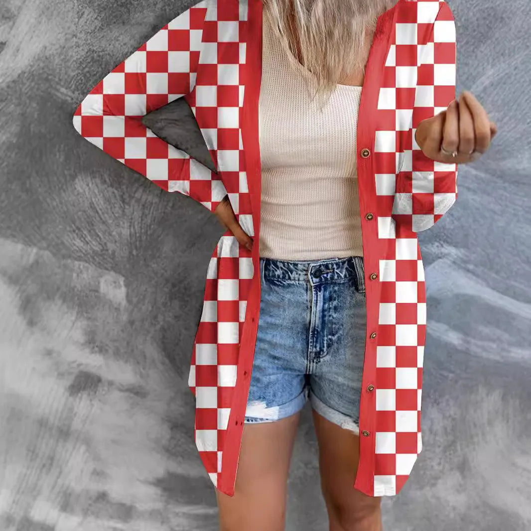 Women's long grey plaid knitted cardigan coat with loose fit and regular sleeves on a hanger