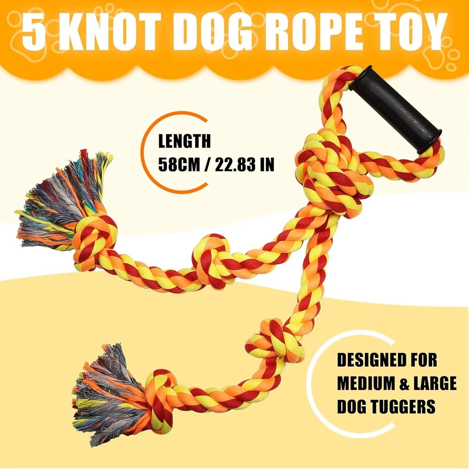 Blue and yellow dog rope toy with non-slip handle, measuring 18cm by 62cm for aggressive chewers