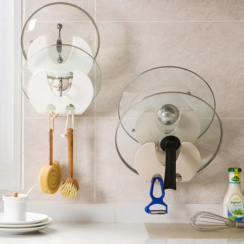 Wall-mounted kitchen organizer with double-layer storage and hooks for utensils