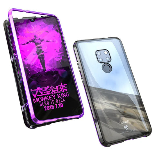 Magnetic phone case with 9H tempered glass back and metal frame for Huawei smartphones in black, blue, red, or white