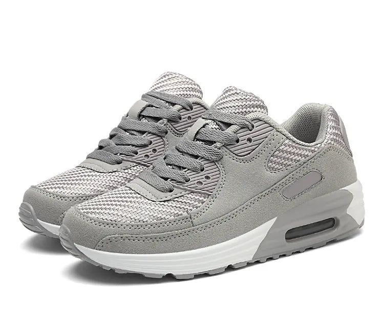 Women's casual shoes with a low heel in beige orange, grey, and pink purple colour options.