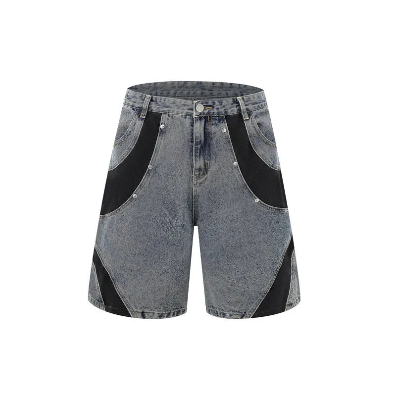 Retro washed denim jeans suit with short sleeves, available in black or blue, sizes M to XXXL, for summer street wear.