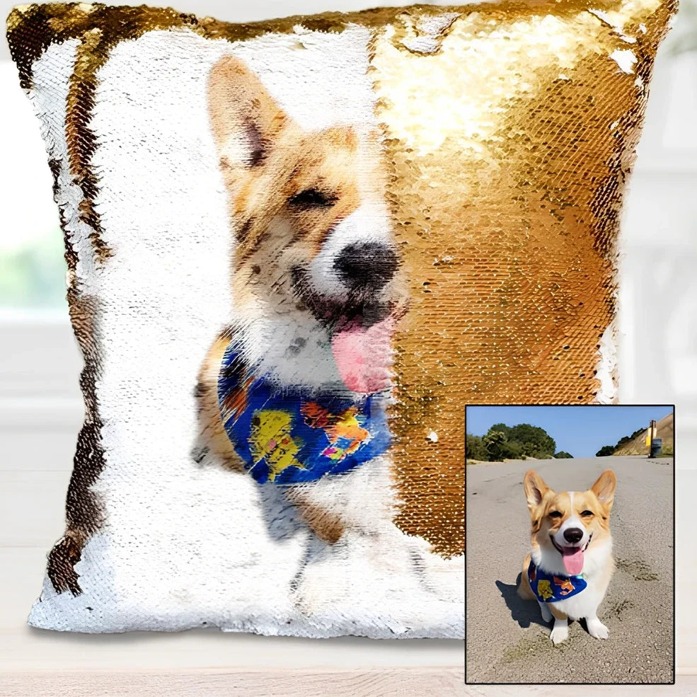 Custom photo sequin cushion cover with 40cm dimensions showing gold and silver luminous design options
