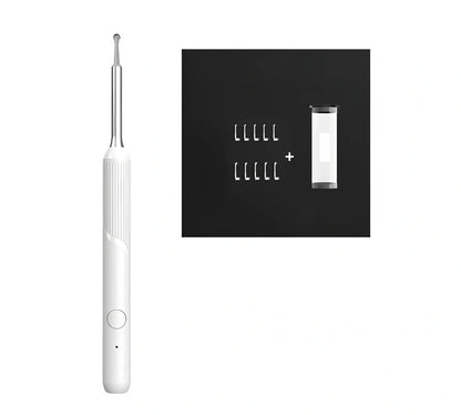 Visual ear cleaning device with camera, ear scoop attachments, and charging cable on white background