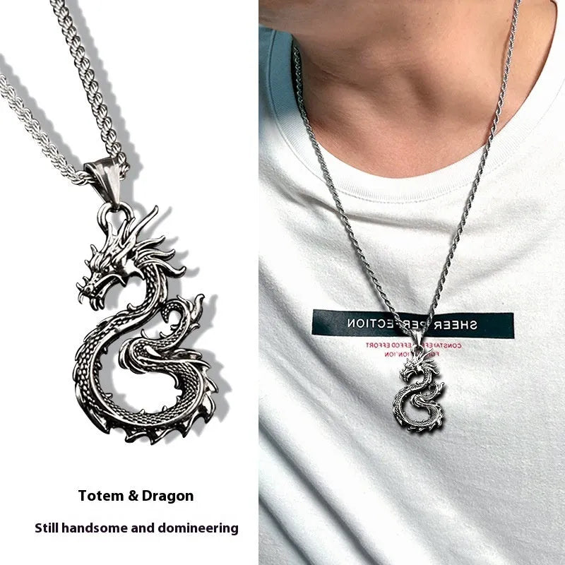 Dragon sword pendant necklace with black electroplated alloy charm and 60cm titanium steel hemp flower chain