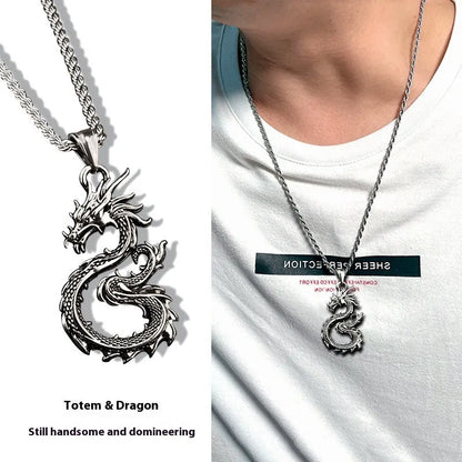 Dragon sword pendant necklace with black electroplated alloy charm and 60cm titanium steel hemp flower chain