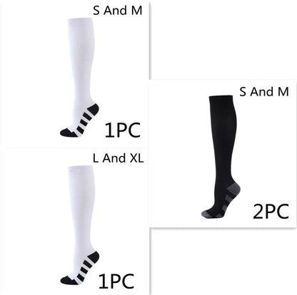 Athletic compression socks with three-bar design in black, pink, and white