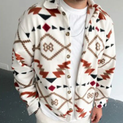 Men's white retro ethnic print cotton blend shirt jacket with brushed soft touch, lapel collar, and long sleeves.