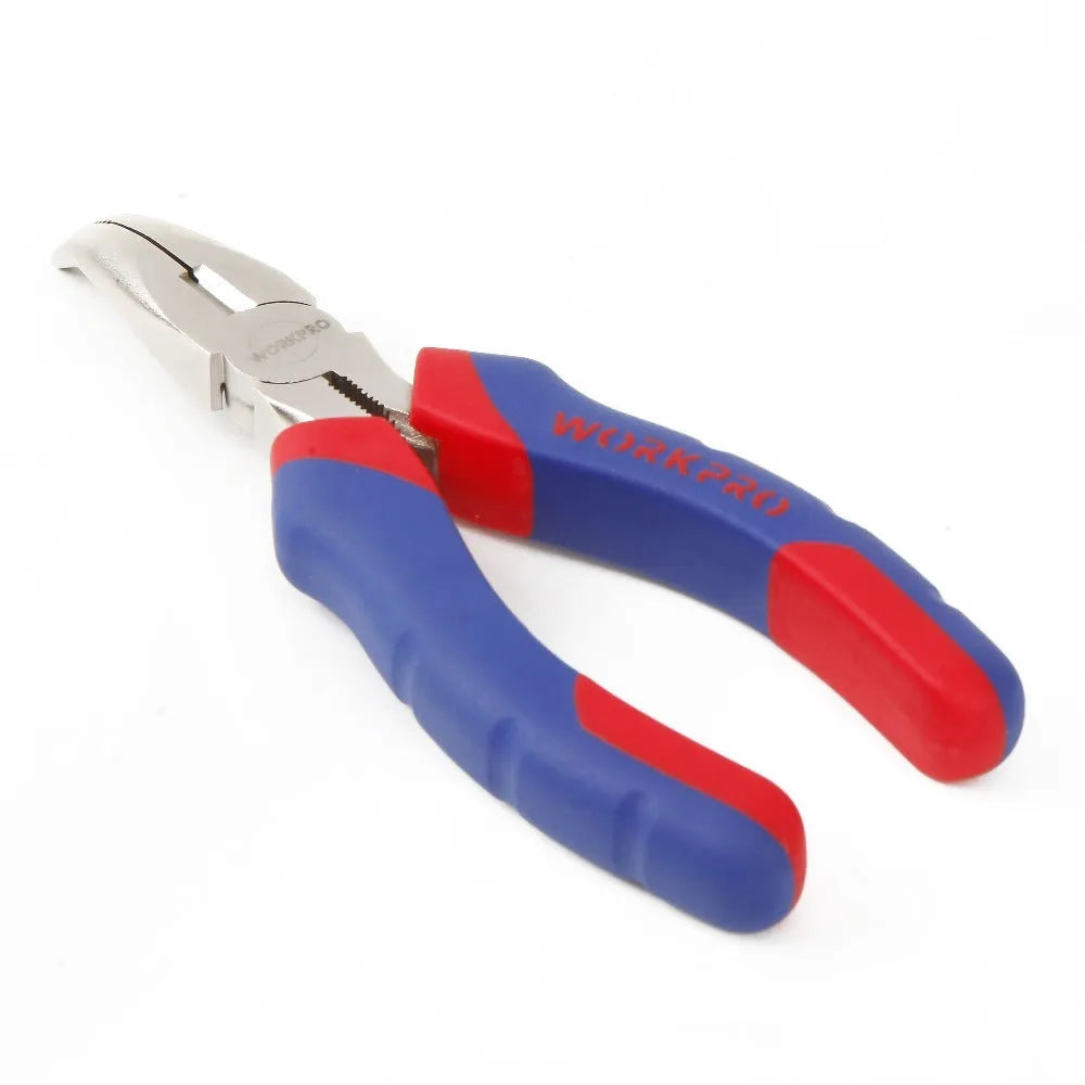 Blue curved nose pliers with dual-colour sleeve handles for precision work.