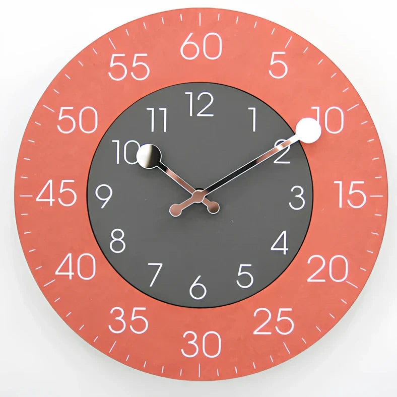 Round decorative wall clock with 30cm diameter in blue, green, grey, orange, red, or yellow colour options
