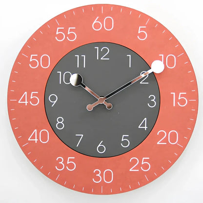 Round decorative wall clock with 30cm diameter in blue, green, grey, orange, red, or yellow colour options