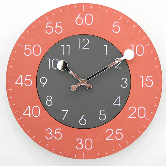 Round decorative wall clock with 30cm diameter in blue, green, grey, orange, red, or yellow colour options