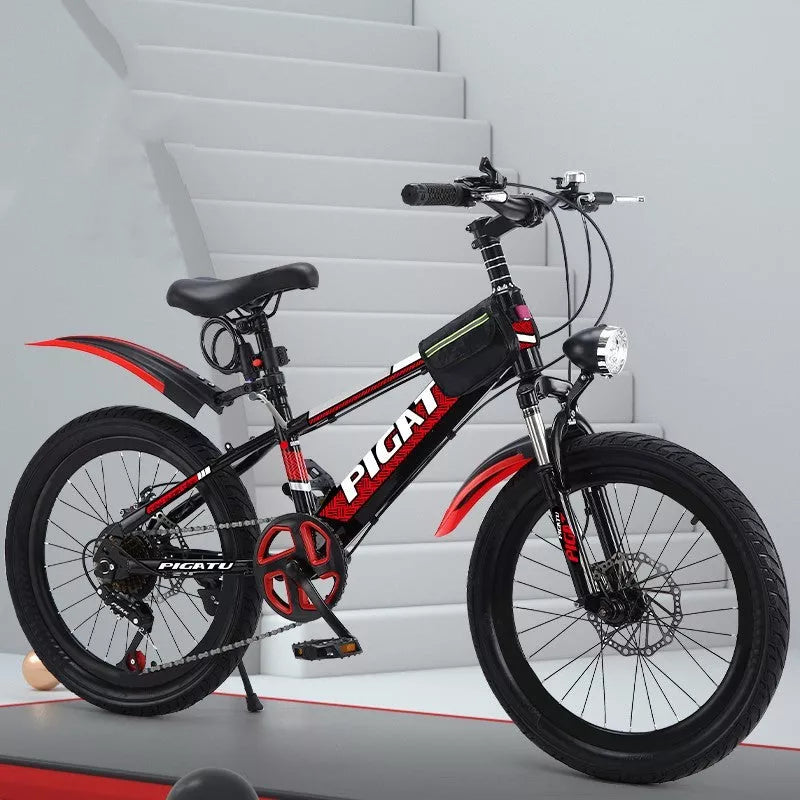Children's red 22-inch mountain bike with shock absorption for smooth off-road rides