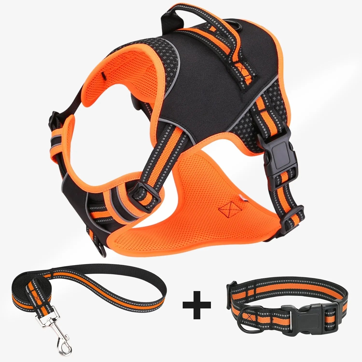 Orange polyester dog harness with integrated traction strap shown on a model, sized for medium dogs.