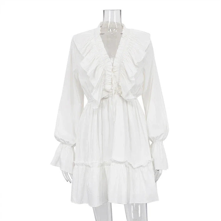 Stylish Y2K-inspired dress with pleated ruffles, flared sleeves, and a variety of vibrant color options