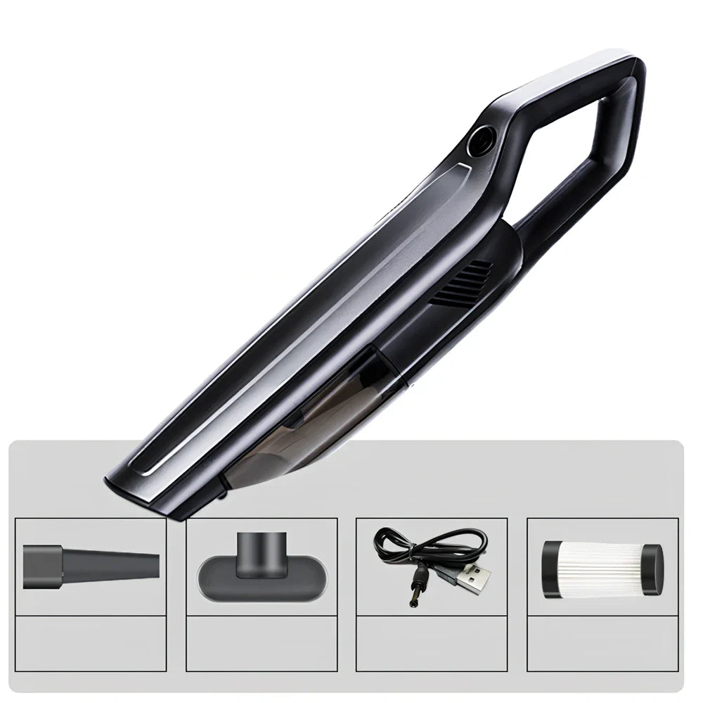 Handheld car vacuum cleaner with long nozzle and brush attachments for cleaning vehicle interiors