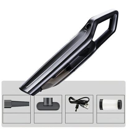 Handheld car vacuum cleaner with long nozzle and brush attachments for cleaning vehicle interiors