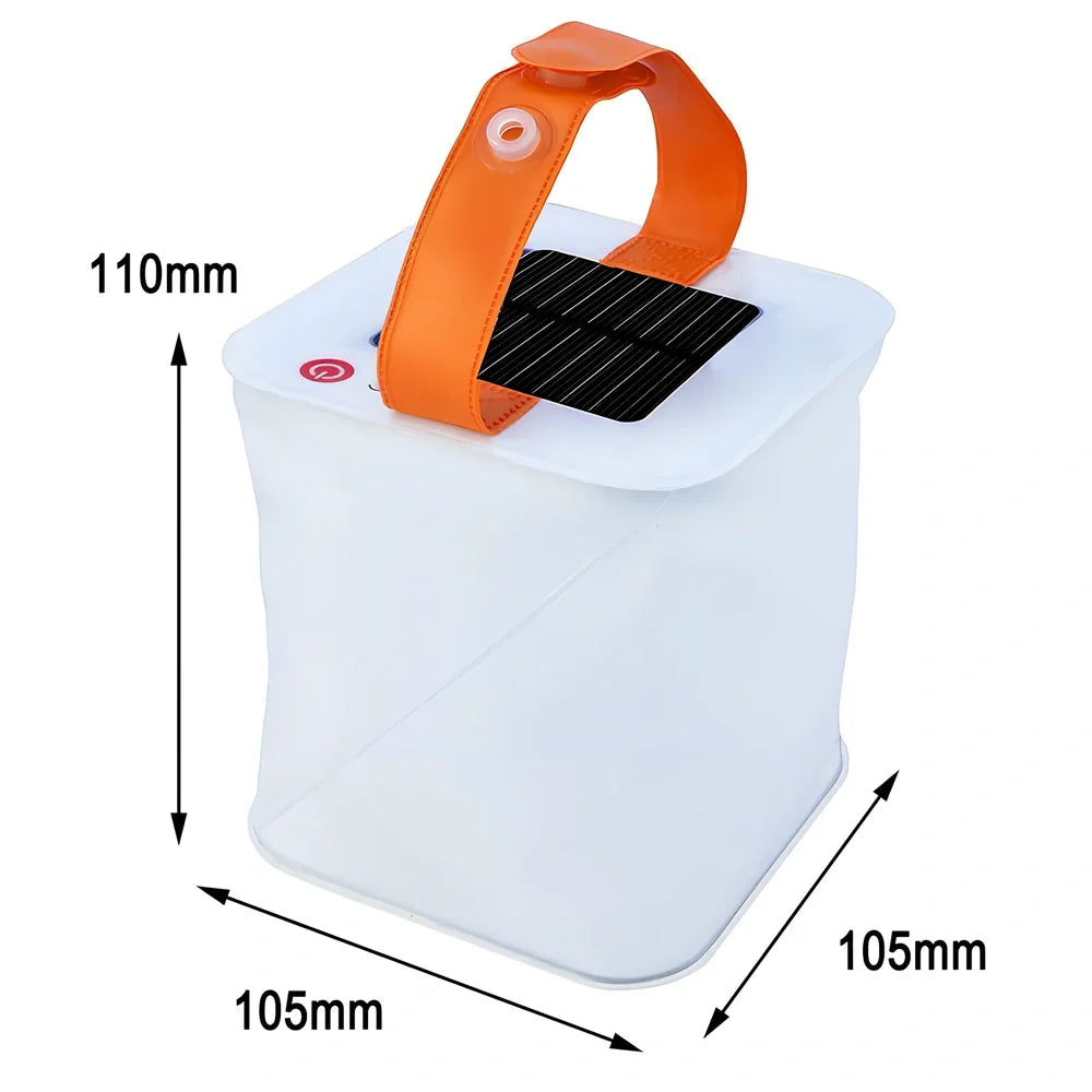 White inflatable solar LED lantern showing collapsed and inflated states with waterproof IP55 rating details