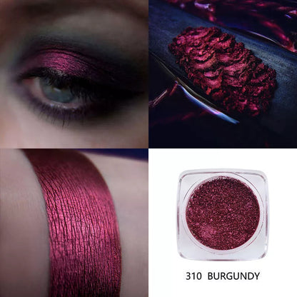 Pearlescent eye shadow powder pot in 12 vibrant colors, showcasing SILVER, BURGUNDY, and more