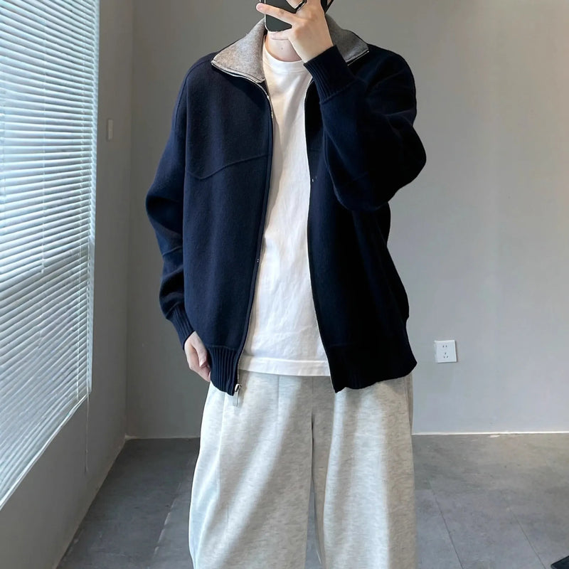 Men's Retro Knitted Cardigan Sweater Contrast Colour Loose Fit Long Sleeve Polyester Blend Autumn Leisure Cardigan for Teenagers Apricot Navy S to XXL