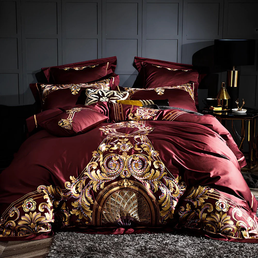 Four-piece embroidered cotton bed set in grey with 200x230cm duvet cover and reactive print details