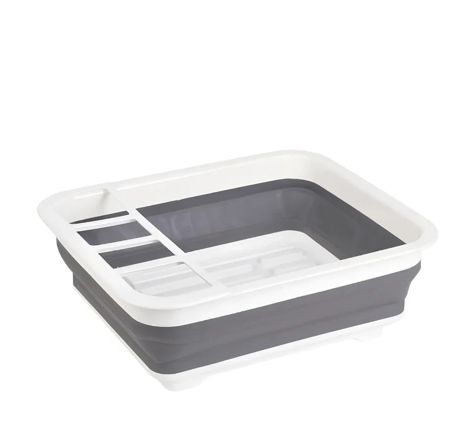 Grey folding kitchen dish rack showing collapsed flat position and separate utensil compartment