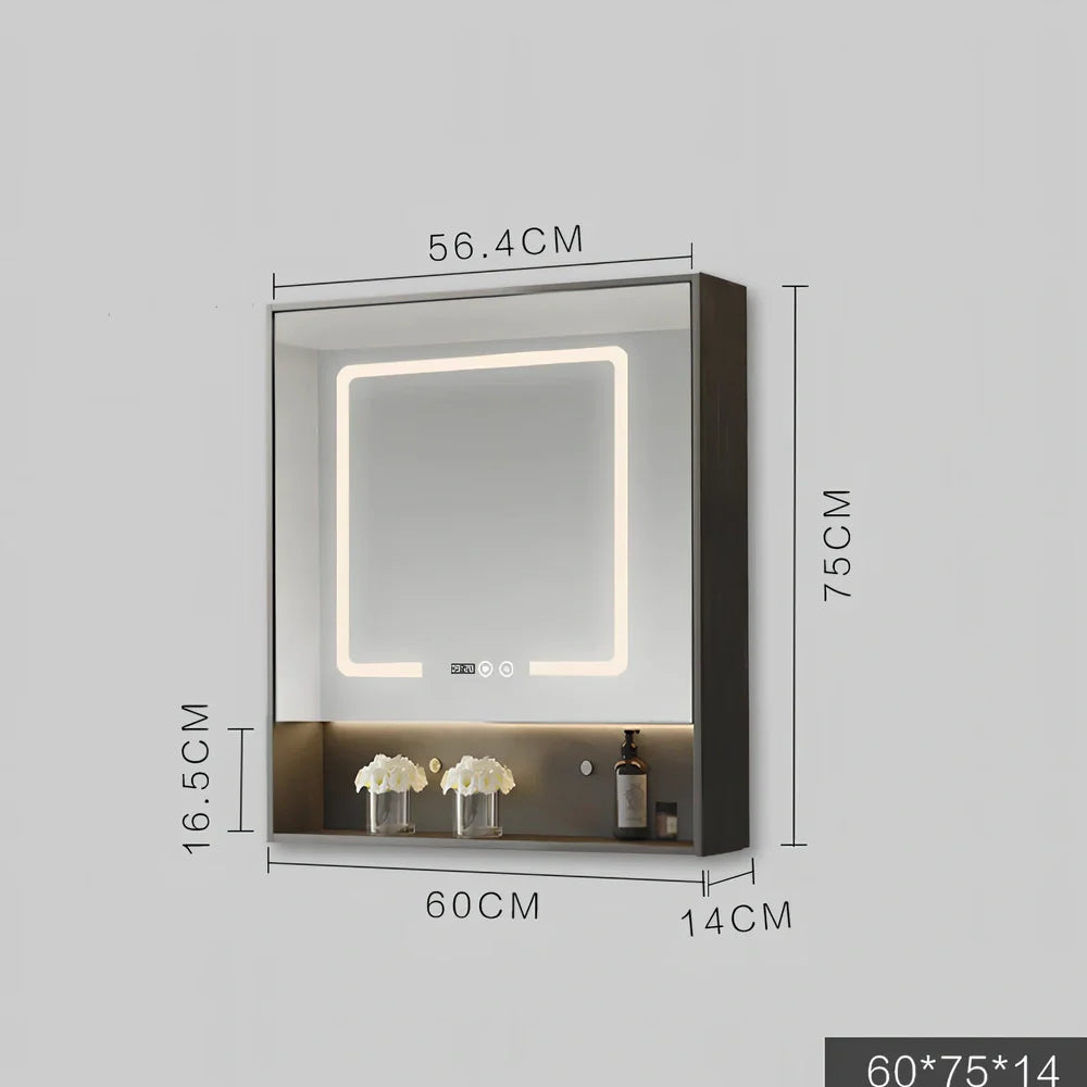 Wall-mounted bathroom mirror cabinet with LED lights and anti-fog technology in solid wood construction