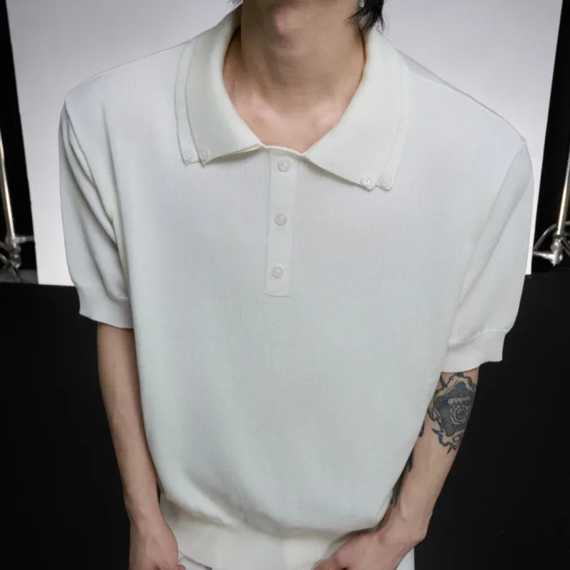 Men's black double collar polyester short sleeve shirt with loose fit and slim knit construction
