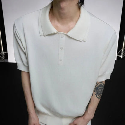 Men's black double collar polyester short sleeve shirt with loose fit and slim knit construction