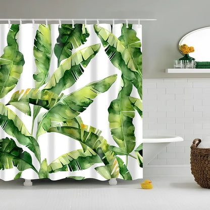 Tropical shower curtain with green and white design, digital printing technology, multiple size options for bathrooms