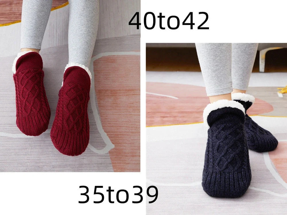 Winter woolen socks with V-opening design and anti-slip dots on soles in navy blue colour