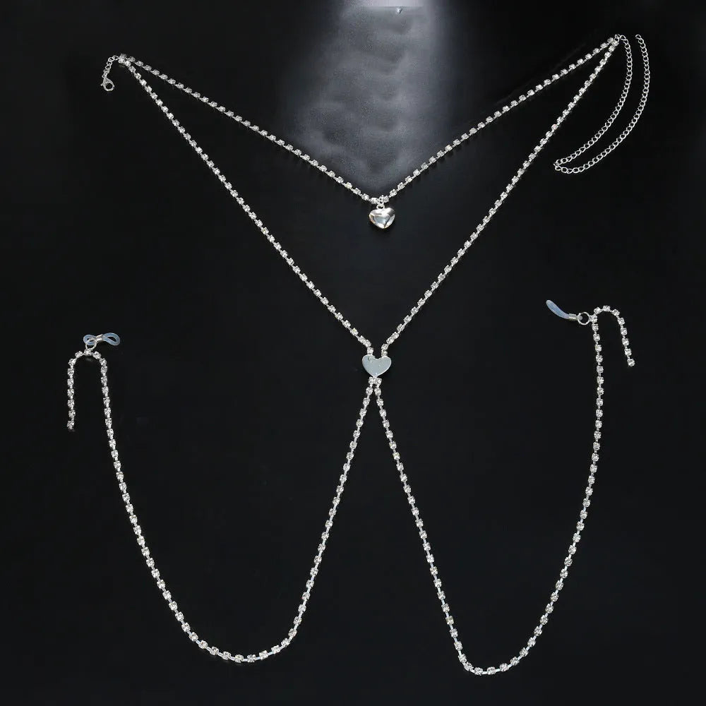 Gold or silver electroplated body chain with heart-shaped rhinestone elements for women's fashion