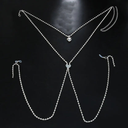 Gold or silver electroplated body chain with heart-shaped rhinestone elements for women's fashion