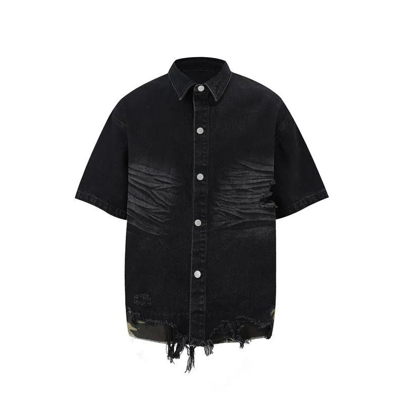 Men's black denim short sleeve suit with leopard print and cut edge stitching, paired with matching shorts.