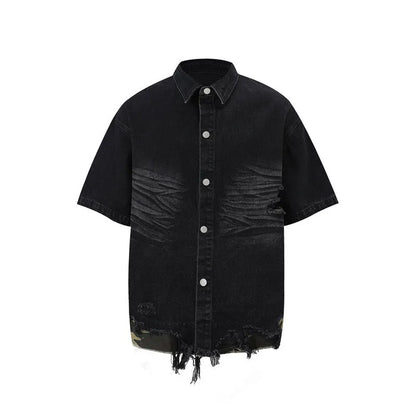 Men's black denim short sleeve suit with leopard print and cut edge stitching, paired with matching shorts.