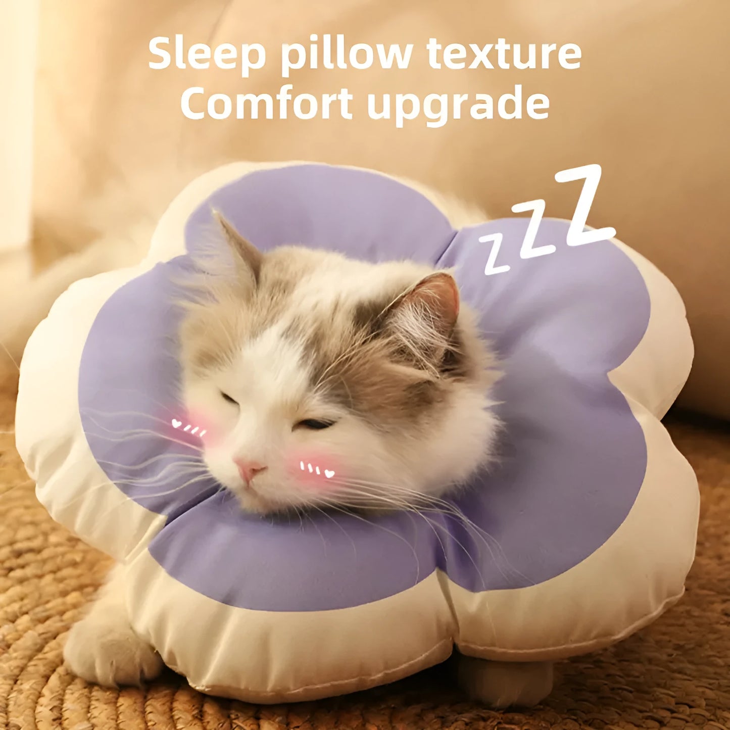 Cat wearing flower-decorated cotton neck collar in adjustable design for recovery use
