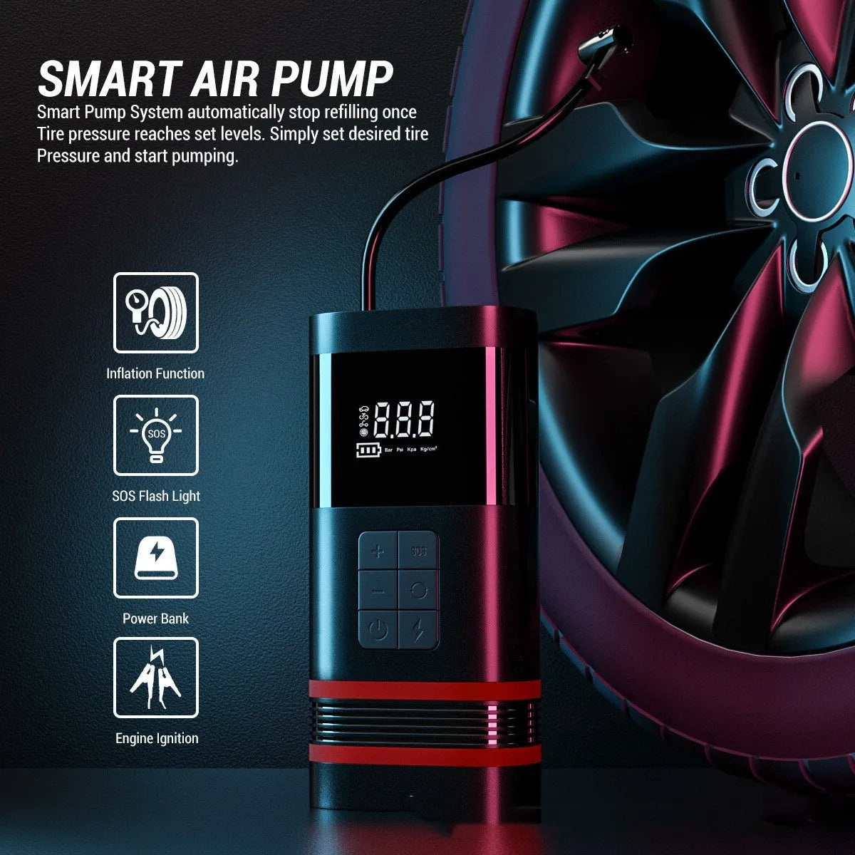 Black wireless car jump starter power bank with emergency lighting and USB charging ports