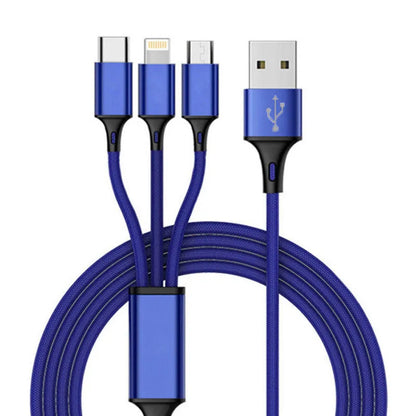 Red 3-in-1 braided charging cable with iPhone, Android and Type-C connectors shown at 1.25 metre length