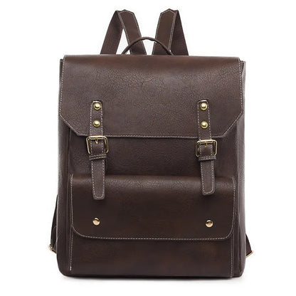 Korean retro style backpack showing ventilation channels on back panel, front view with zipper closed