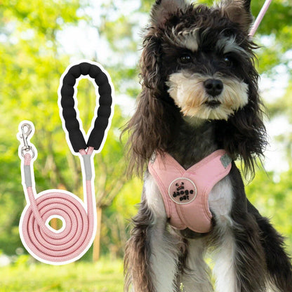Adjustable pet vest with hand holding rope in blue, green, pink, or yellow colours