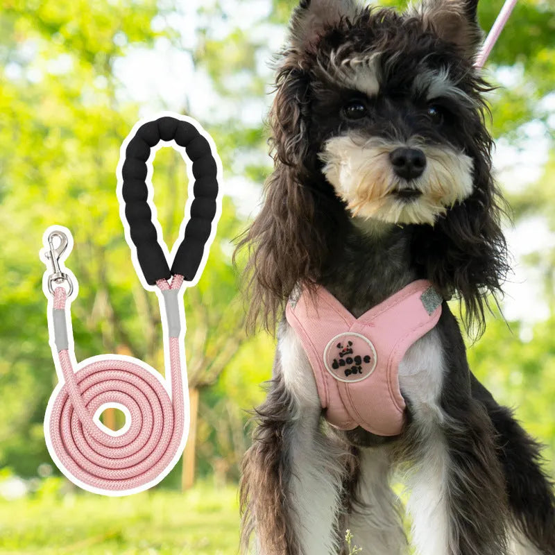 Adjustable dog vest and hand holding rope set in blue, green, pink, or yellow colours with polyester material