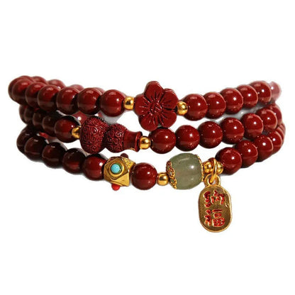 Women's Chinese style cinnabar bracelet with 6mm multi-circle gourd and five petal flower geometric design