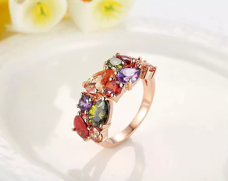 Colored zircon rings with 18k gold plating and AAA zircon stones in sizes 4 to 8