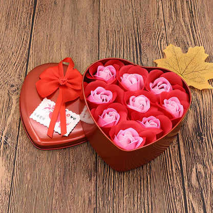Handmade soap flower gift box in red heart-shaped tin with three blooms and bear, 12x12x5 cm for Valentine's Day