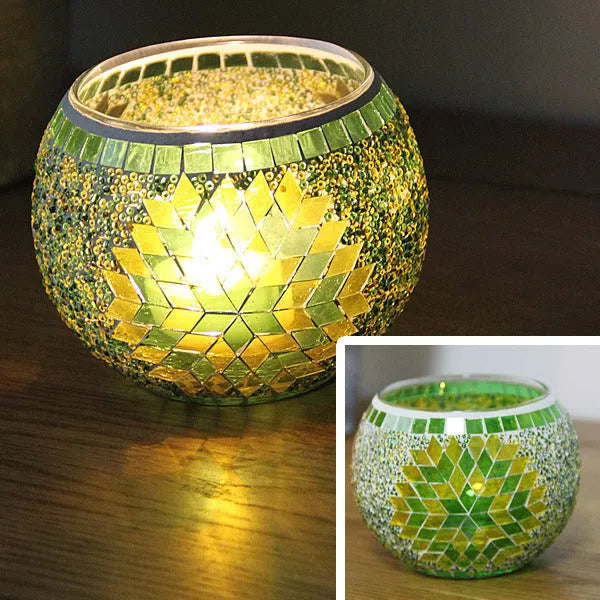 Mosaic glass candle holder in vibrant colors with elegant mosaic pattern