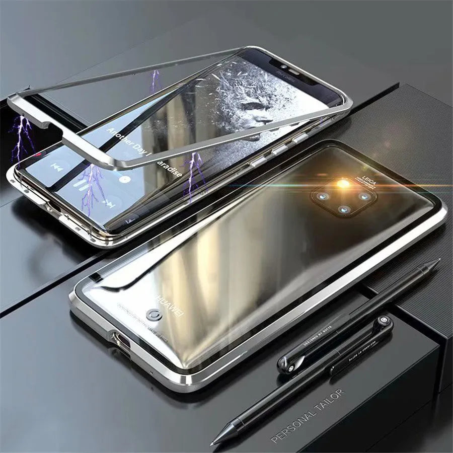 Magnetic phone case with 9H tempered glass back and metal frame for Huawei smartphones in black, blue, red, or white