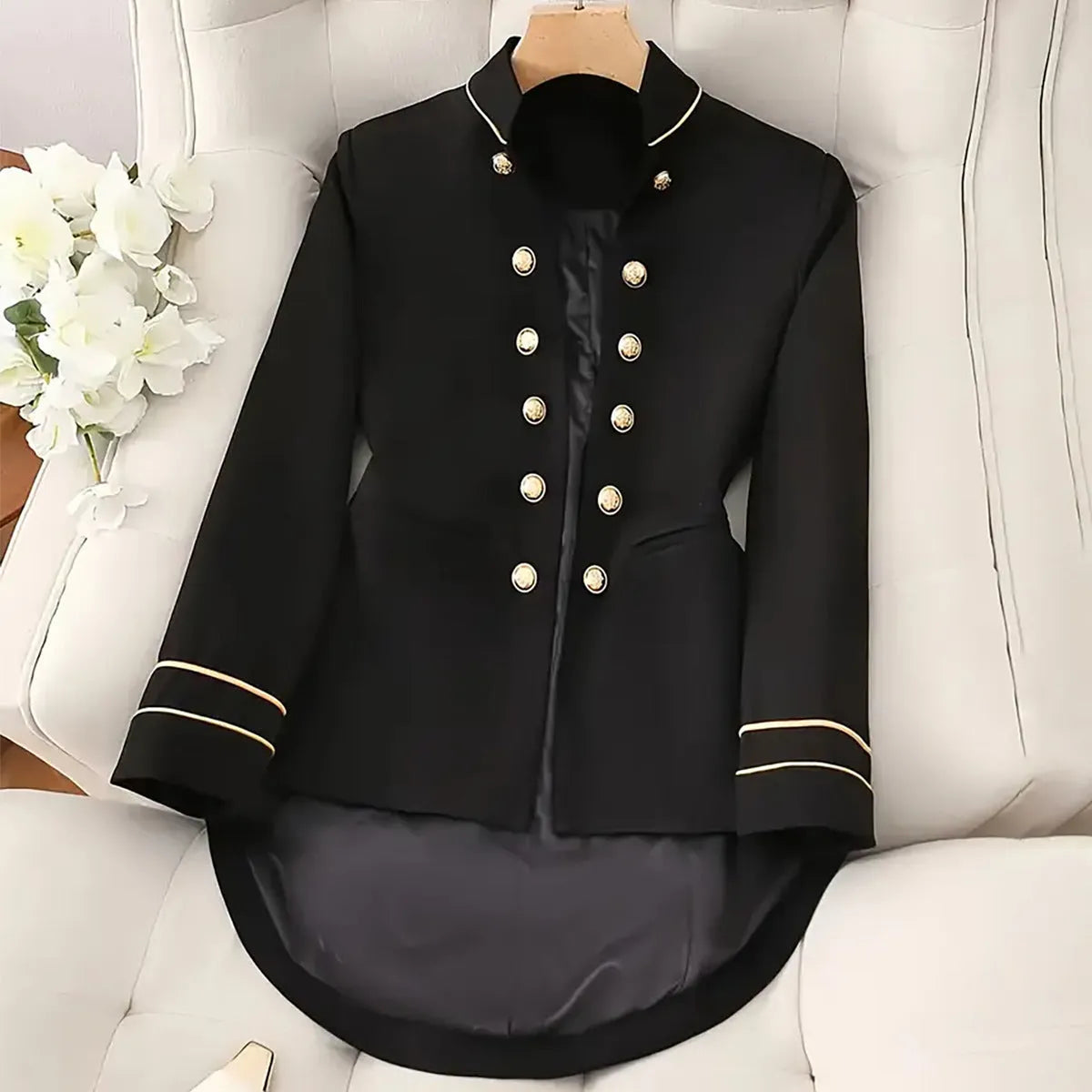 Women's slim irregular polyester coat with black ribbon lining, regular sleeve, 50cm length, sizes S-XXL